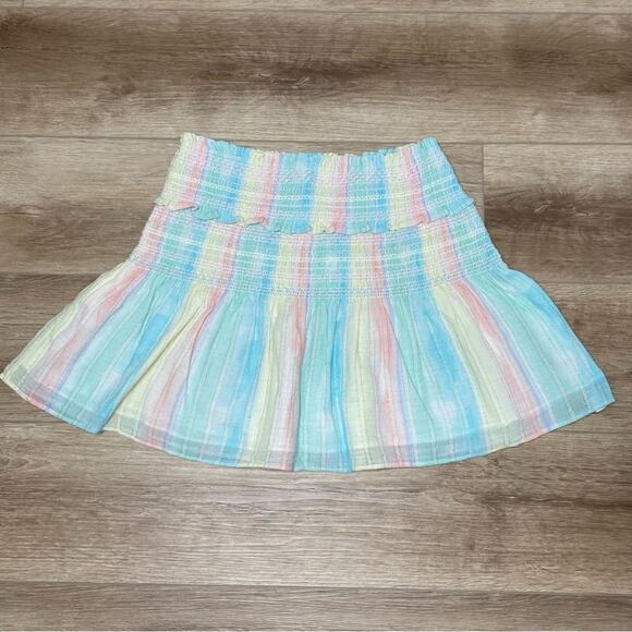 LoveShackFancy Women’s Camilla Mini Skirt Rainbow Striped Ruffled Trim Sz L - Picture 3 of 6